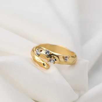 

European and American Personalized Snake-shaped Adjustable 18K Real Gold Plated Open Ring with Crystal Insert for Female Jewelry