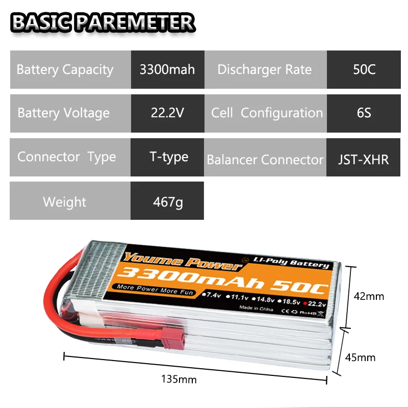 2 шт. Youme 6S Lipo батарея 22 V 3300mah 50C RC lipo для XT90 360 450X Вертолет Самолет Автомобиль