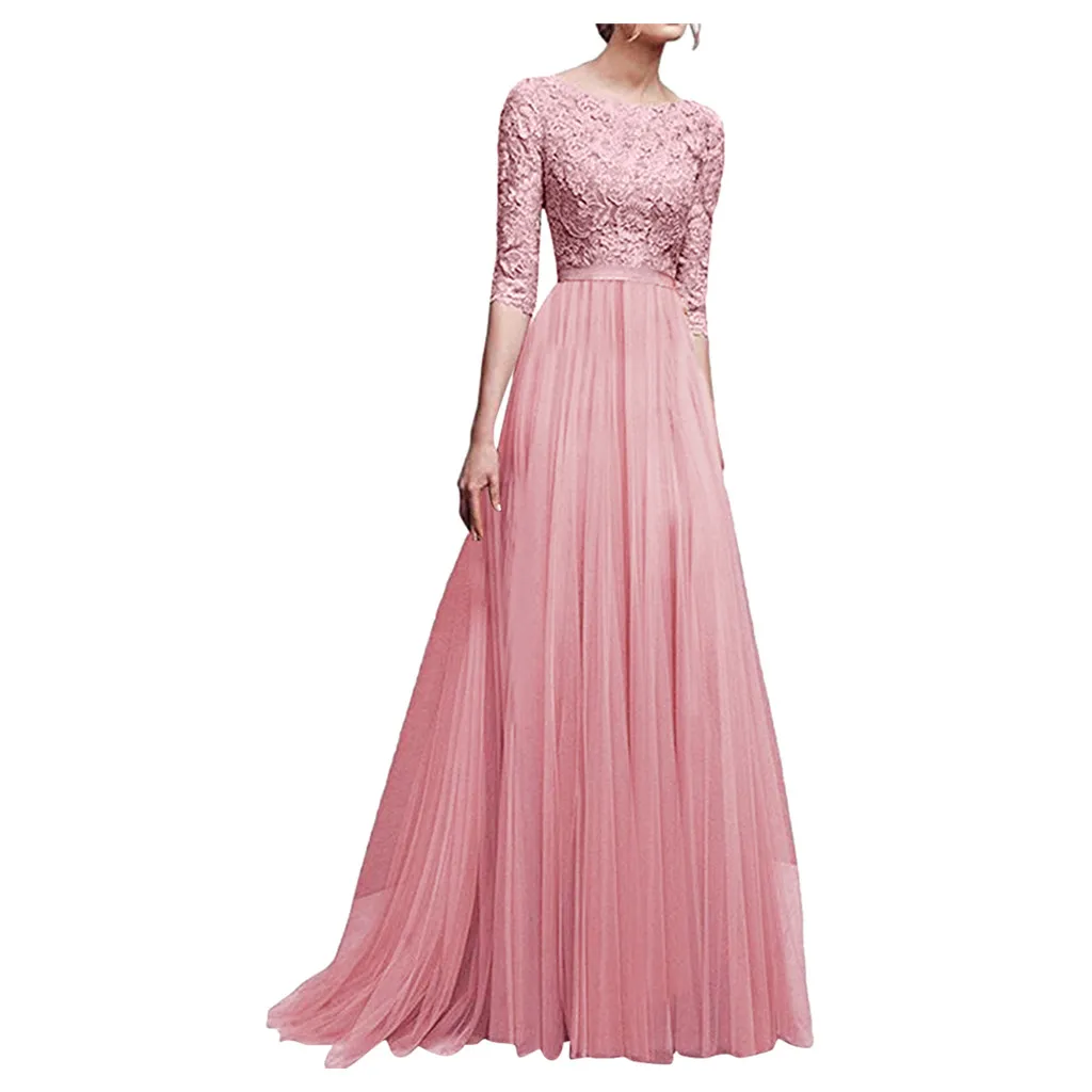Женское кружевное сексуальное платье, официальное, свадебное, одноцветное, три четверти рукава, круглый вырез, вечерние, длинное платье, бальное платье - Цвет: Розовый