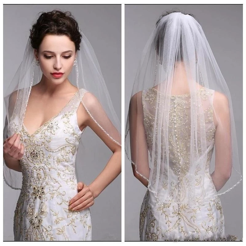 

Hot Selling Bridal Veils Comb Elbow Length Tulle Beaded Edge Short Wedding