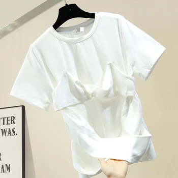 

Pleated Short Sleeve T-shirt Women's New Fashion Personality T Shirts Crew Neck Tops Ladies White Black T Shirts Tees Ropa Mujer