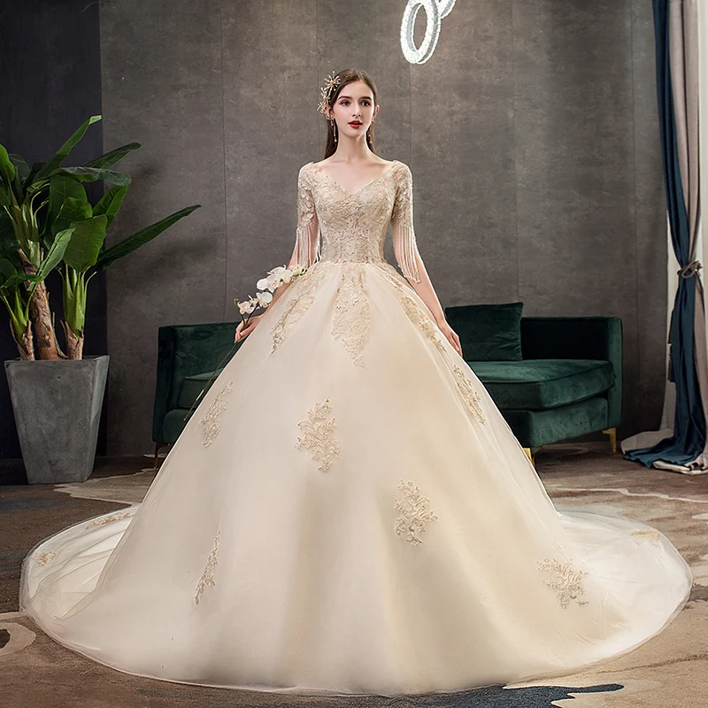 35% скидка, новое осеннее свадебное платье с рукавами, элегантное кружевное винтажное платье принцессы со шлейфом и вышивкой, большие размеры, свадебные платья, жилет