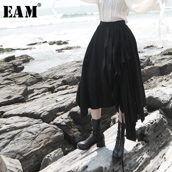 

[EAM] High Elastic Waist Black Ruffles Asymmetrical Double Layer Half-body Skirt Women Fashion Tide New Spring Autumn 2020 1D834