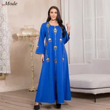 

Islamic Ethnic Embroidered Abaya Dresses for Women Ramadan Eid Arabic Muslim Dubai Robe Turkey Oman Caftan Marocain Dress Blue