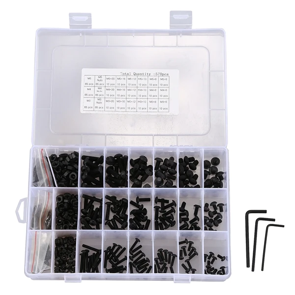 

HLZS-570 PCS M3 M4 M5 Alloy Steel Hex Socket Button Head Cap Nuts Flat Washers Kit Black Screw Assortment