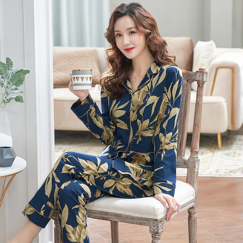 

Pajamas Women's Spring And Autumn Pure Cotton Long Sleeve Plus-sized Middle-aged Mom Autumn And Winter Days Thin Homewear Set