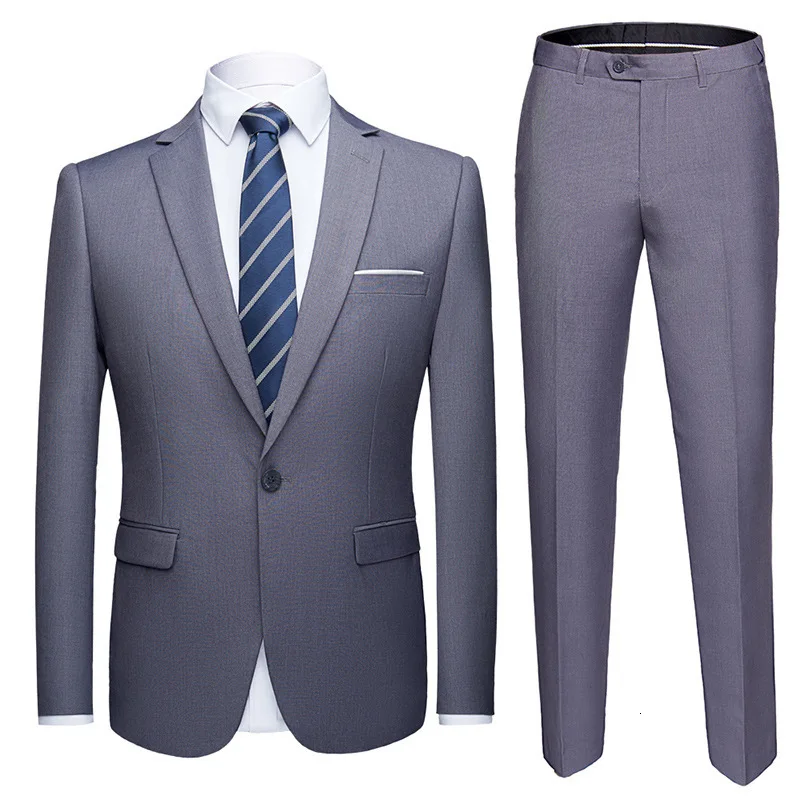 PYJTRL мужской Одноцветный комплект из двух предметов, приталенный Свадебный костюм, шафер жениха деловой повседневный костюм, куртка и брюки, костюм Homme - Цвет: Light gray