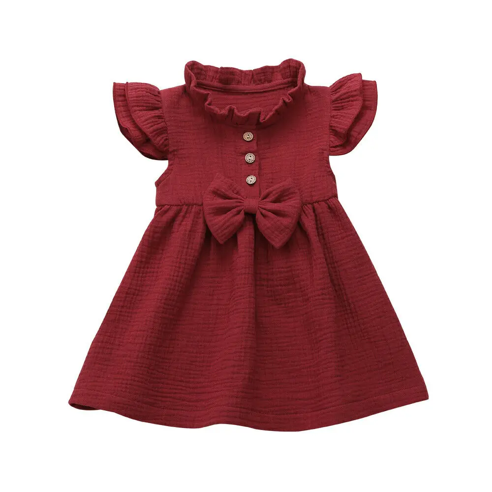Новое однотонное льняное нарядное платье принцессы с рюшами на пуговицах для маленьких девочек, одежда - Цвет: Красный