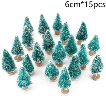 

15pcs Home Decor DIY Craft Gift Wooden Base Mini Christmas Tree Artificial Snow Pine Office Holiday Window Display Desktop Frost