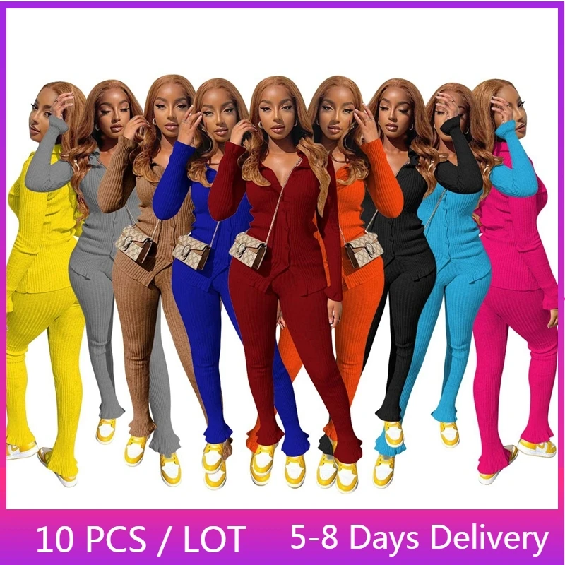 

Wholesale Items Fall Ribbed Two Piece Set Women Streetwear Long Sleeve Shirt Top Flare Pants Set Solid Casual Outfits for Women