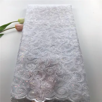

African Lace Fabric 2019 Embroidered Nigerian Laces Fabric High Quality French Tulle Lace Fabric With Sequins JHS14