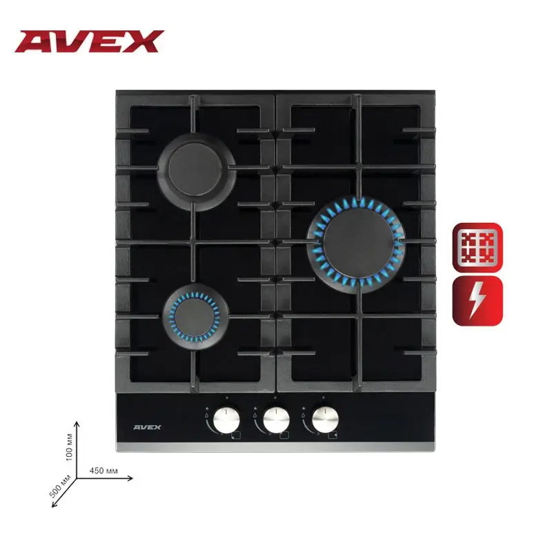 Встраиваемая варочная панель AVEX HM 4531 B 45 см 3 конфорки чугунные решетки