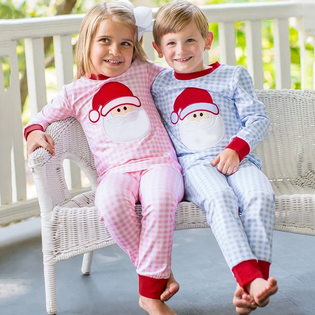 Рождественские клетчатые топы с Сантой для маленьких мальчиков и девочек+ штаны, пижамы, одежда для сна, Рождественская одежда