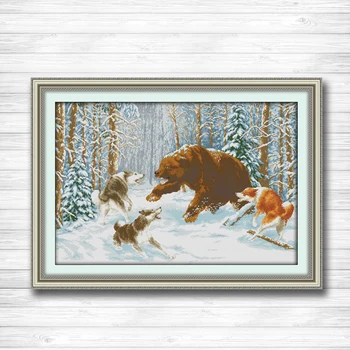 

Wolves and bear in the snow Pattern print on canvas DMC 11CT 14CT Cross Stitch kit needlework Set all embroidery winter scenery