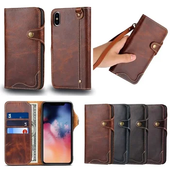 

For iPhone X XS Max XR 11 Pro Max First Layer Cowhide Button Case with Lanyard Flip Card Holder iphone 6S 7 8 Plus Leather case