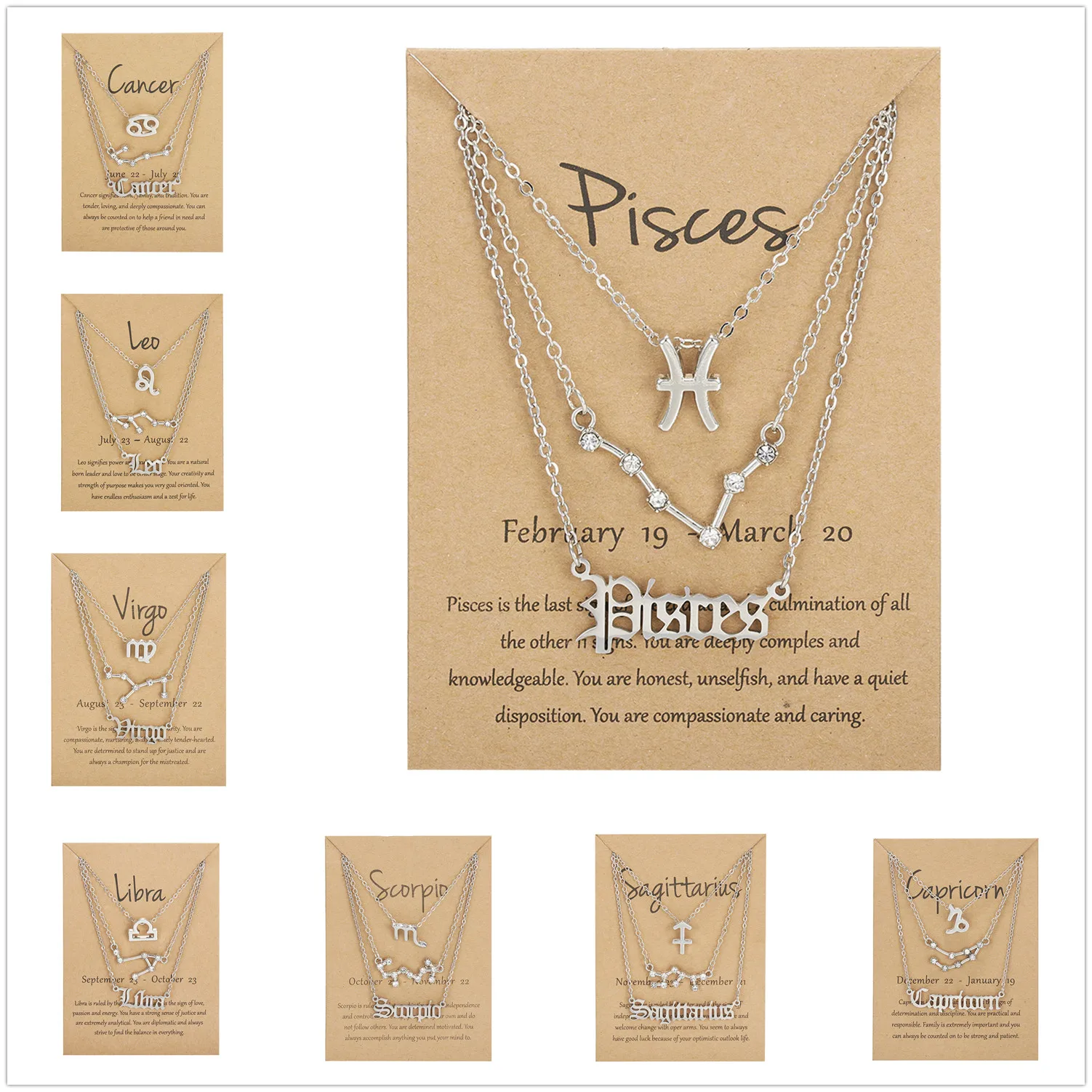 3Pcs/Set 12 Constellation Pendant Necklaces Couple Lover Fashion Cardboard Star Zodiac Sign Charm Pisces Necklace Jewelry Gifts | Украшения