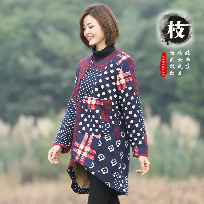 

Branch Ethnic-Style Cotton Linen WOMEN'S Dress Origional Retro Thick Winter Tops New Style Winter Mid-length Cotton-padded Cloth