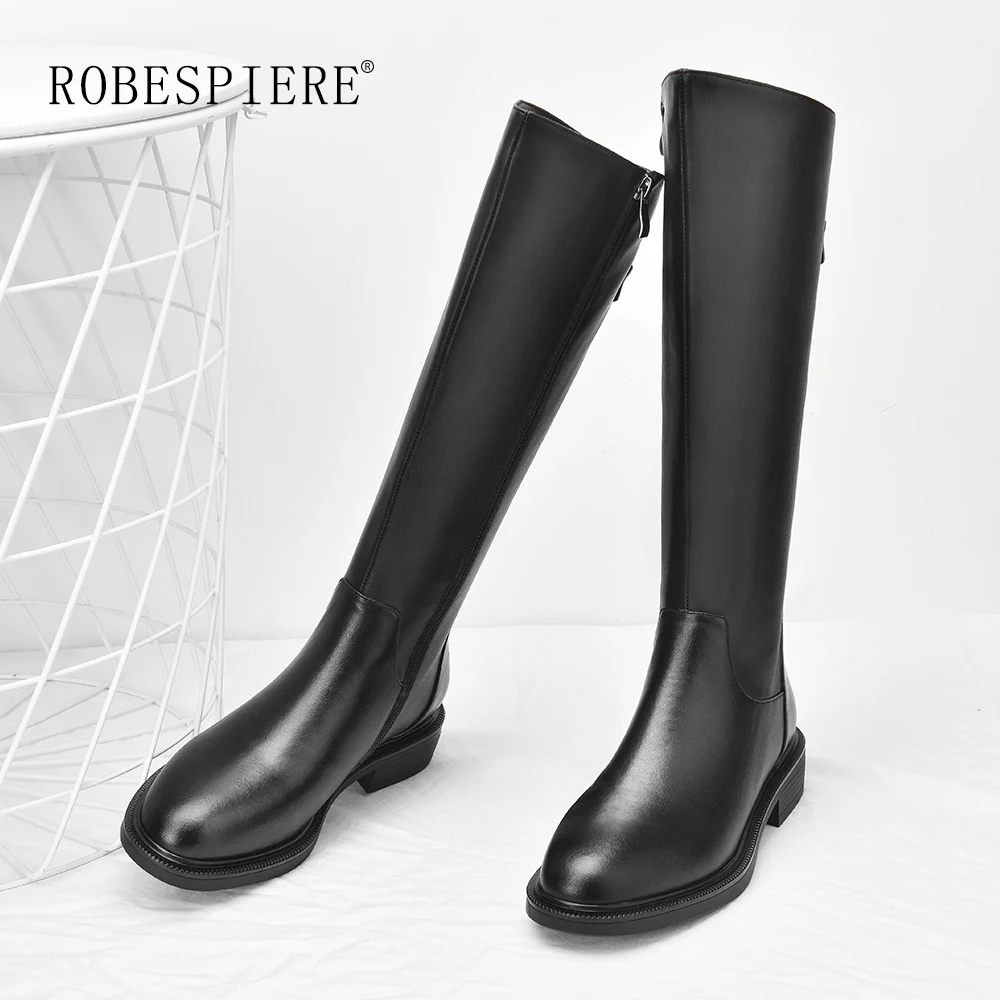 ROBESPIERE Европейский стиль, цвет черный сапоги до колена Высокие сапоги для Для женщин из натуральной кожи; обувь на молнии пряжки для девочек Теплый плюш зимние сапоги B156