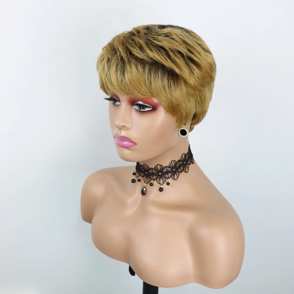 Perucas de Cabelo Brasileiro para Preto Humano Curto Pixie Corte Reto Remy Cabelo Mulher Máquina Feita Perucas Cor Preta Barato Glueless Peruca 114 Apliques e perucas