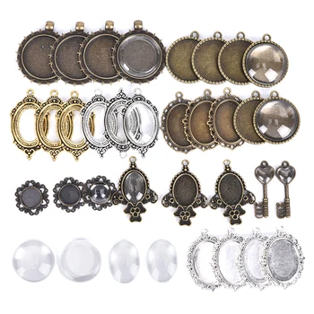 

10pcs Cabochon Base Pendant Setting Trays DIY Blank Jewelry Bezels Antique Glass Cover DIY Jewelry Making Lot