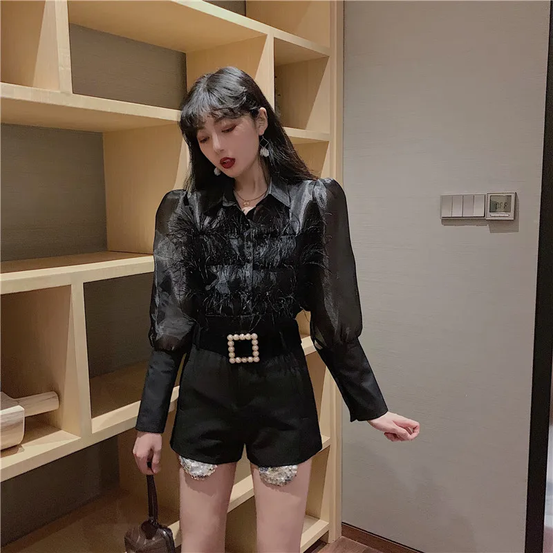 WHITNEY WANG блузки Весенняя мода элегантная сексуальная прозрачная блузка с перьями женские блузы рубашки топы Дамская блуза
