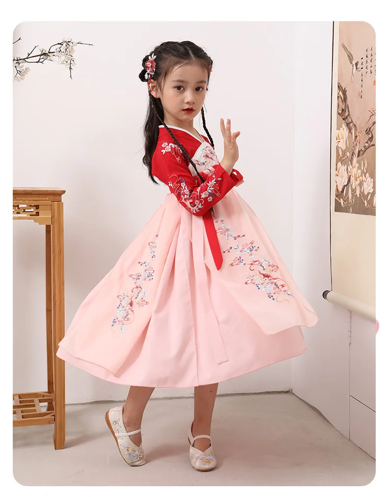 Hanfu/платье для девочек; Новое Осеннее детское платье с длинными рукавами и вышивкой; детское платье в китайском стиле для девочек; костюм; платья для выступлений