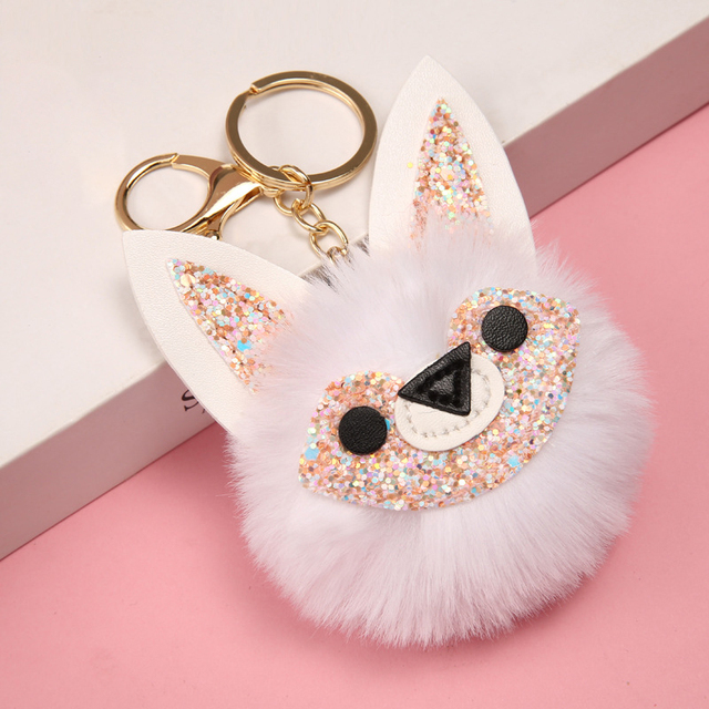 Ball Keychain Charm Key Ring Cute Leather Fox Keyring Plush Fluffy Pompom Faux Rabbit Fur Ball Bag Car Key Charms Accessory