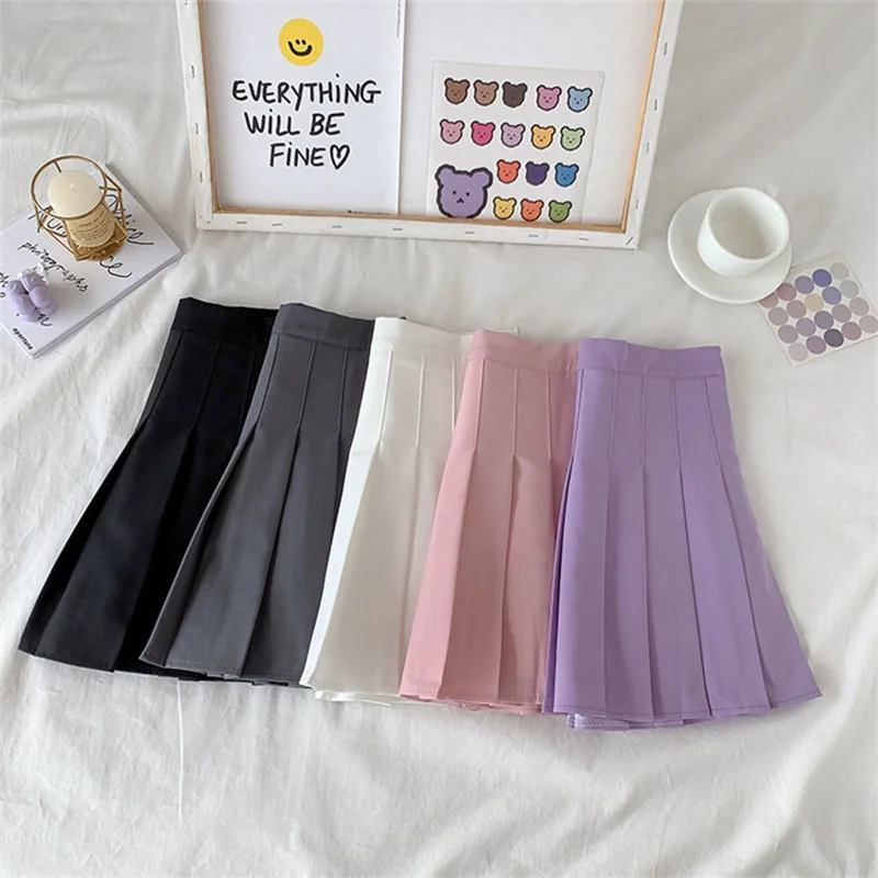 tutu skirt 2021 New Black Skirt Female Summer High Waist gothic Anti-Glare A-Line Pleated Skirt Short Skirt Purple Ins Tide Ulzzang Skirt black pencil skirt