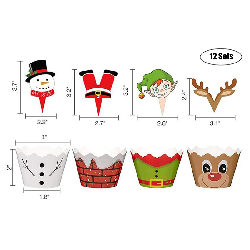 24X Christmas Snowman Santa Claus Cupcake Toppers And Wrappers Xmas Decor TooZJA 