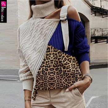 

High Neck Colorblock Leopard Cut Out Knitting Sweater Women Plus Size Pullover Splicing Fall Winter Jumper