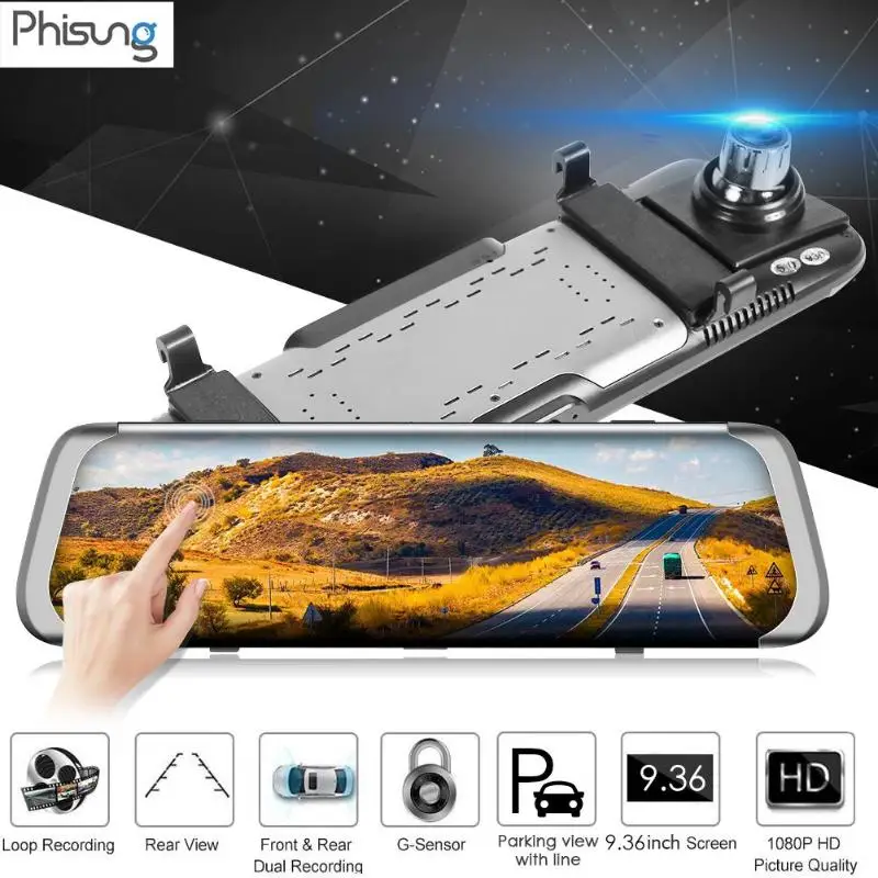 Phisung H800 Full HD 1080P Автомобильный видеорегистратор Камера 9,36 дюймов зеркало заднего вида Dashcam