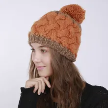 BEFORW вязаная Толстая двухцветная прошитая шапочка Женская Зимняя кепка теплые флисовые шапки с помпоном