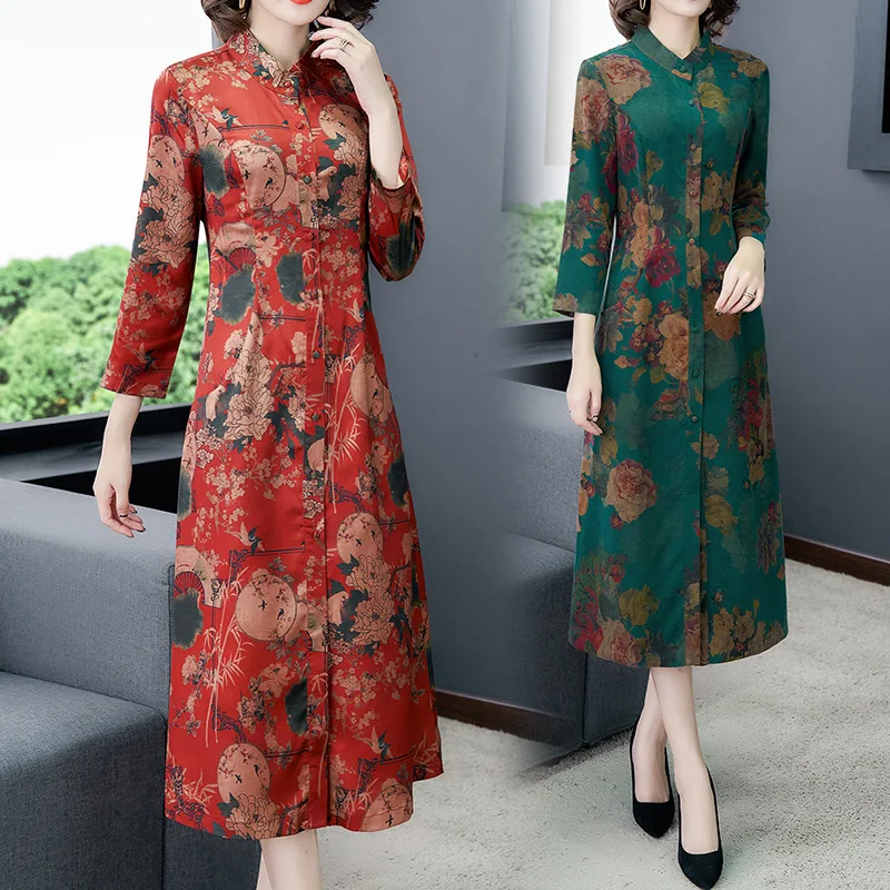 

2020 New Style Spring Long-Cheongsam Silk Spinning Real Silk Silk Dress Women's Retro National Wind Long Sleeve Small Stand Coll