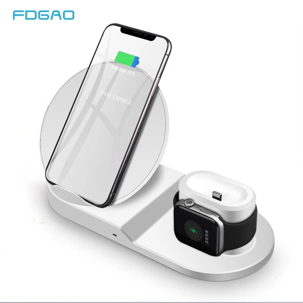 

FDGAO Qi 10W Wireless Charger For iPhone X XS XR 8 Plus AirPods Fast Charging Stand Dock For Apple Watch Series 4/3/2/1 Charger