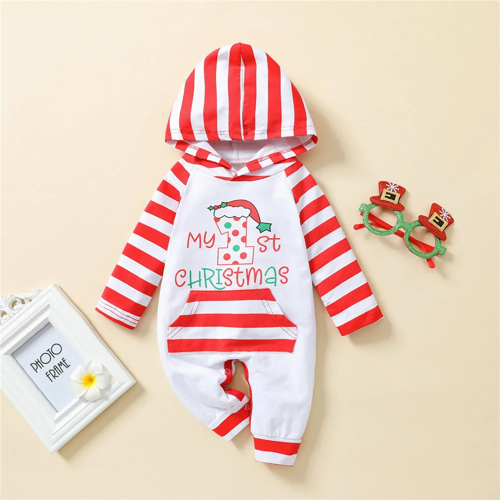 Prowow My First Christmas Clothes For Baby Girls Overalls Festival Newborn Jumpsuits Patchwork Kids Baby Girls Hooded Clothes Baby Bodysuits classic Baby Rompers