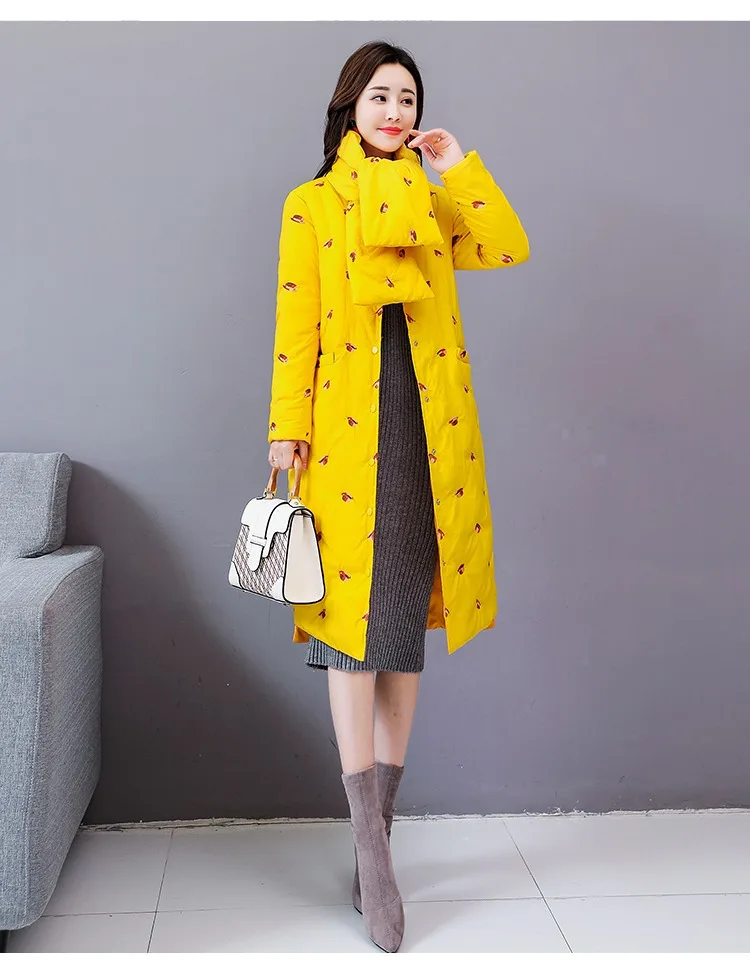 Winter Embroidered down Jacket New Style WOMEN'S Dress Korean-style Fashion Printed Winter Thick Mid-length Slimming Coat