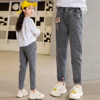 

Girls Jeans Spring Pant Gray Black Teenage Pencil Jeans Children Elastic Waist Korean Denim Pants for Girl Trousers Kids Clothes