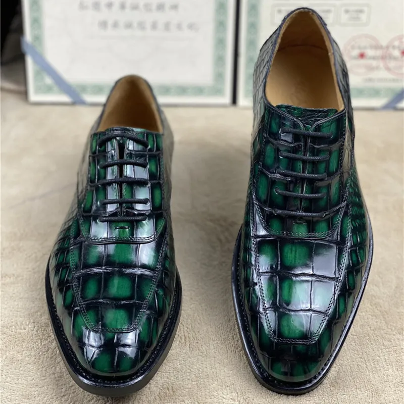 Authentic Crocodile Belly Skin Handmade Men's Party Dress Shoes Genuine Alligator Leather Male Lace-up Green Oxford Shoes