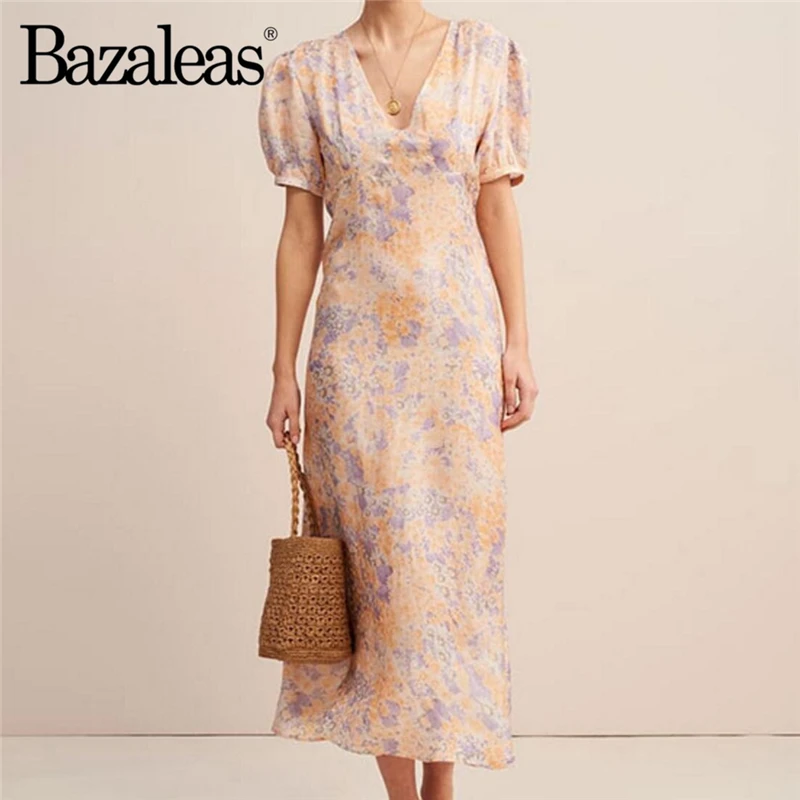 Bazaleas Франция Оранжевый цветочный принт vestido винтажное платье с v-образным вырезом модное короткое с пышными рукавами женское длинное платье на каждый день