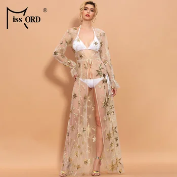 

Missord 2020 Sexy Long Sleeve Mesh Deep V Neck Bikini Cover Holiday Beach style Sequins See Though Women Summer Dress FT20200