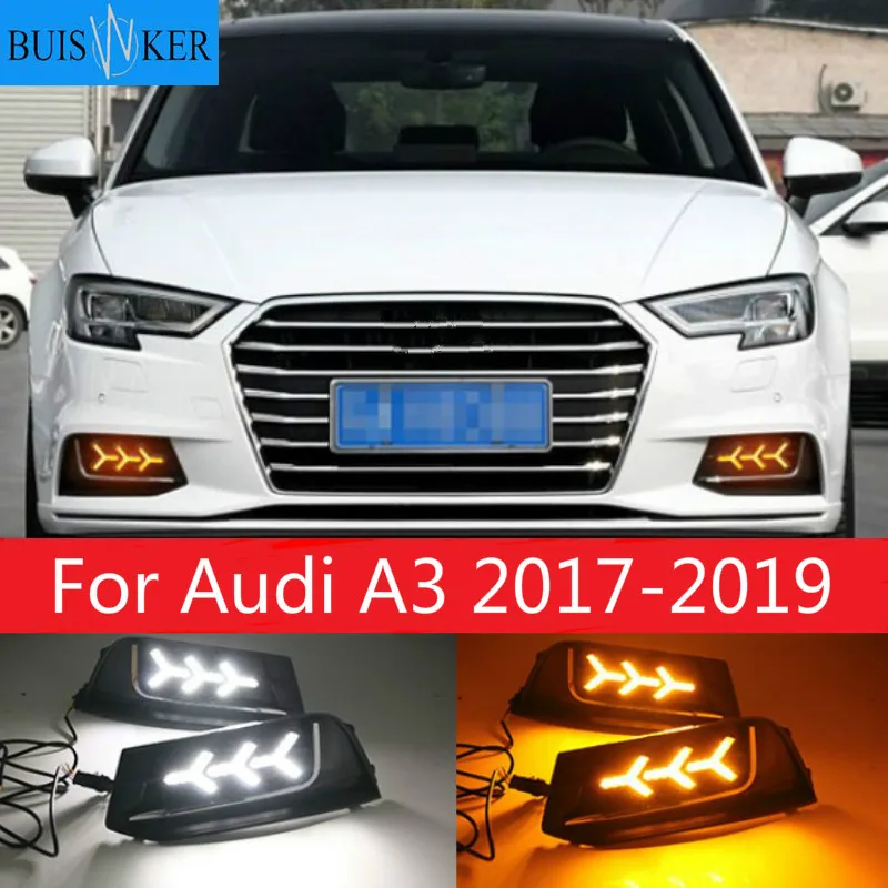 

Светодиодные противотуманные фары для дневных ходовых огней, 2 шт., лампа для Audi A3 2017-2019, желтая функция указателя поворота, Автомобильные дневные ходовые огни, водонепроницаемые, 12 В