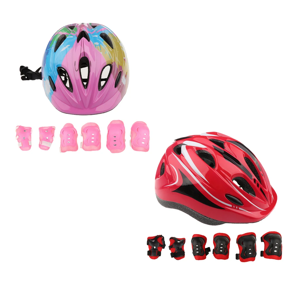 14 Pieces Kids Boy Girl Roller Skating Bicycle Helmet Knee Elbow Pad Wrist Guard Protector Pink and Red