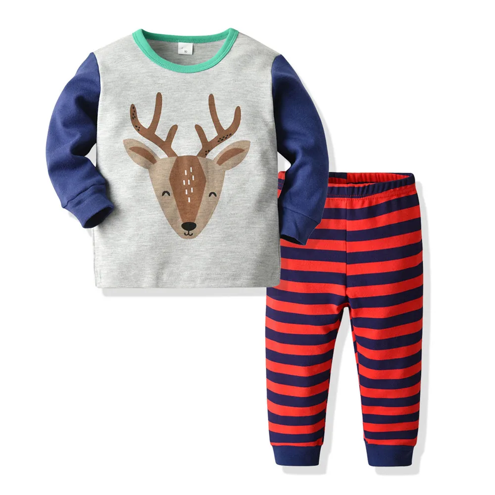 Осенне-зимний детский пижамный комплект, рождественские полосатые штаны с длинными рукавами и принтом, хлопковый костюм для девочек, одежда для сна для младенцев, одежда для мальчиков - Цвет: Blue Suit