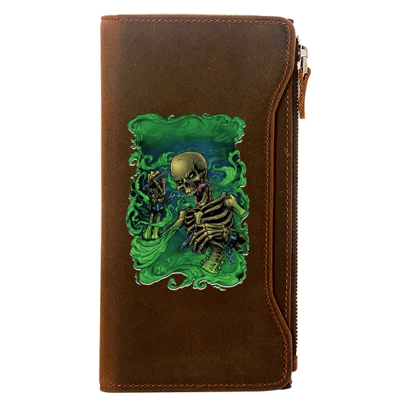 

Cool Punk Style Skeleton Genuine Leather Wallet Men Long Purse With Phone Bag Zipper Card Holder High Quality Clutch