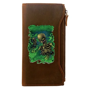 

Cool Punk Style Skeleton Genuine Leather Wallet Men Long Purse With Phone Bag Zipper Card Holder High Quality Clutch