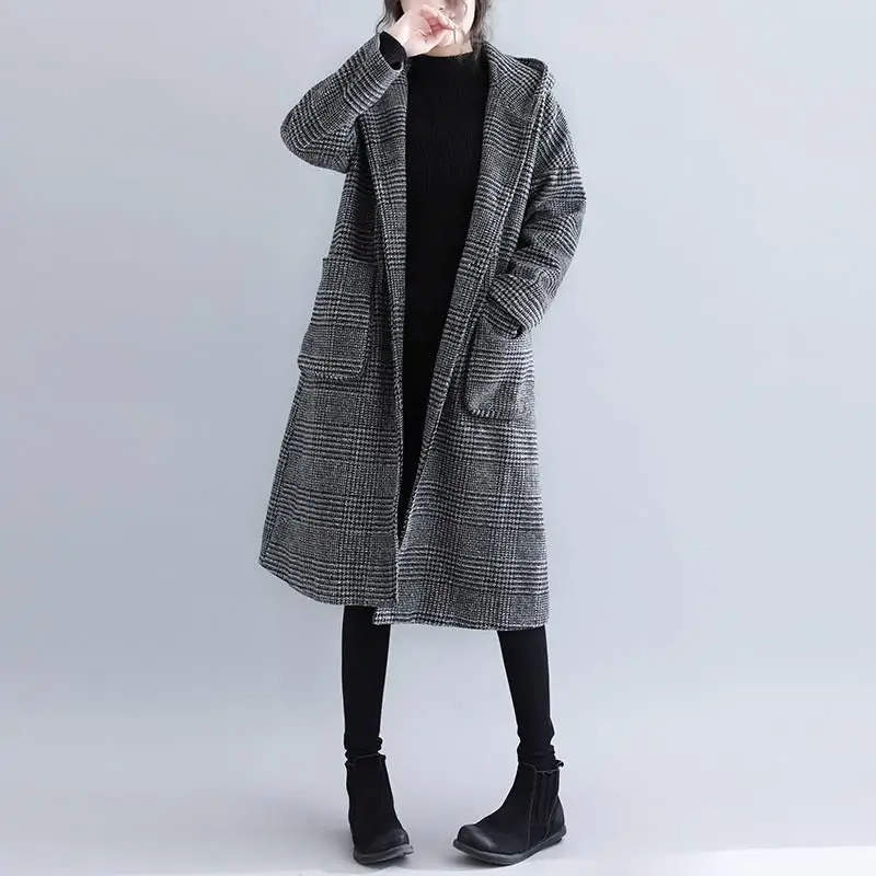 

Vintage Winter Plaid Woolen Coats Plus Size Fashion Loose Hooded Long Coat Pockets Women Jackets Female Outerwear