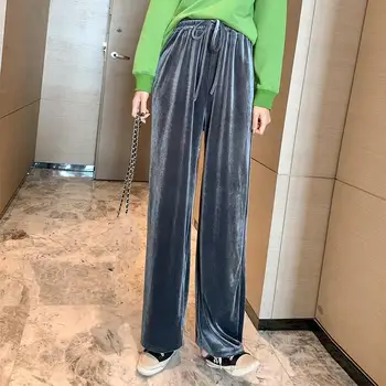 

Autumn Winter Thick Velvet Trousers Solid Casual Elastic Waist Wide Leg Trousers Plus Size Long Loose Pants
