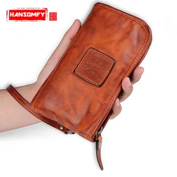 

Design Retro Genuine Leather Men Long Wallet Fold Multi-card Zipper Handbag Handmade Vintage Brown Leather Wallets Original Hasp