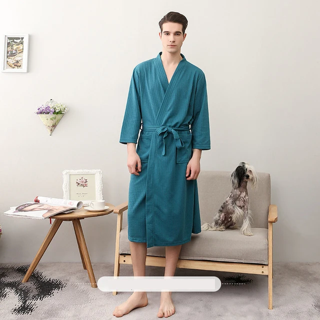 men Yunshan Green Ночная рубашка, вафельная пара, банный халат, мужской летний женский домашний халат, ночная рубашка, платье с капюшоном, размер M, XL, 3XL - Цвет: men Yunshan Green