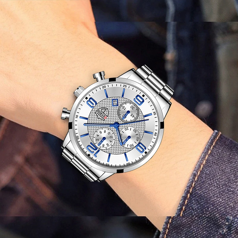 Reloj Hombre Luxe Mannen Waaks Roestvrij Staal Quartz Horloge Mannelijke Lederen Kalender Lichtgevende Klok Relogio Masculino